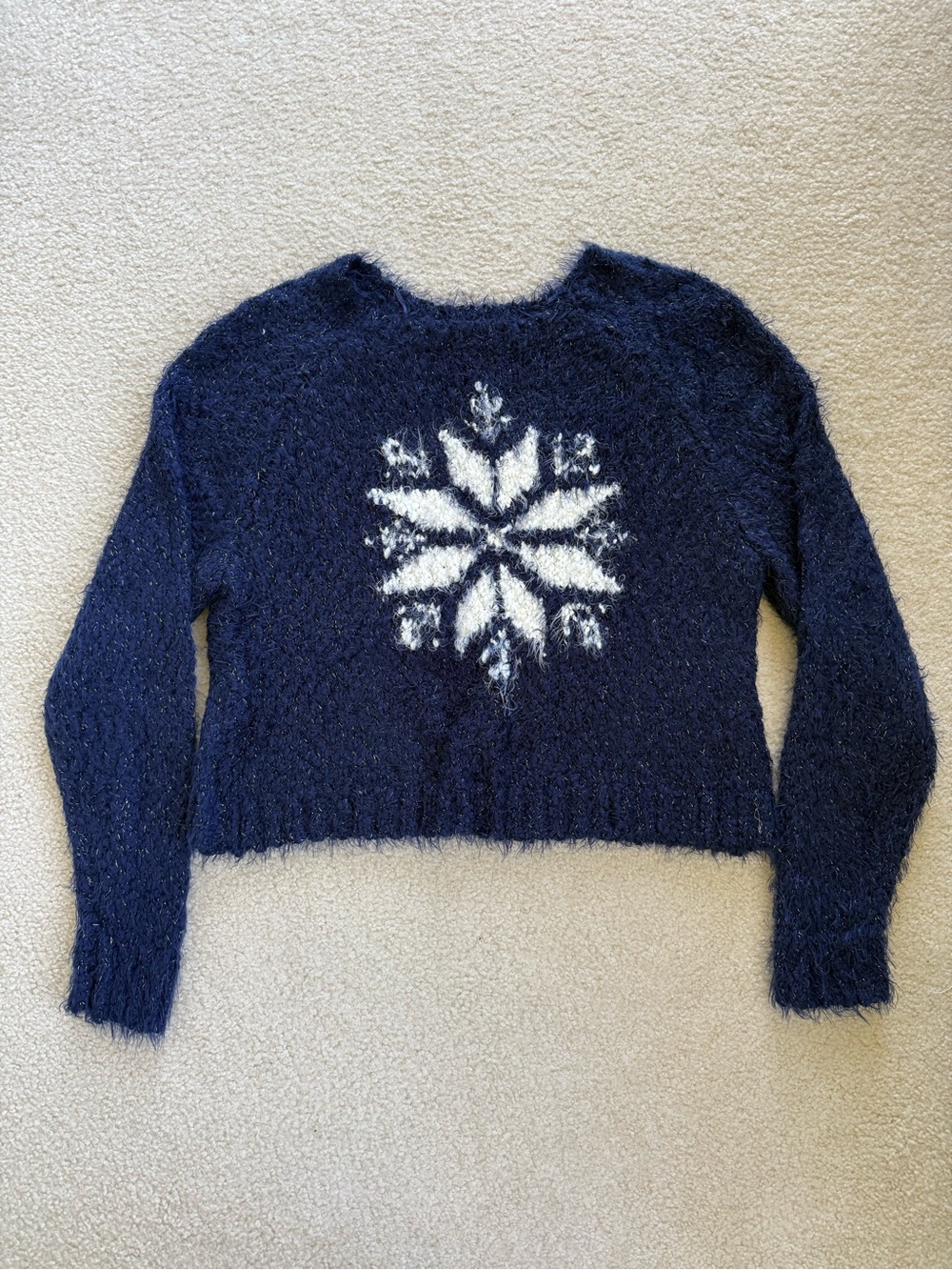 Women’s Navy Crewneck Snowflake Fuzzy Sweater